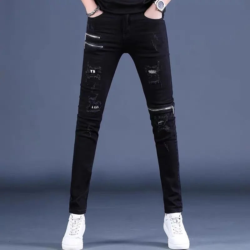 Spring Black Ripped Stretch Jeans