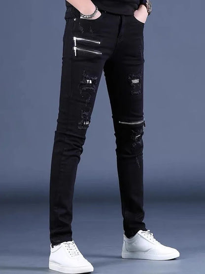 Spring Black Ripped Stretch Jeans