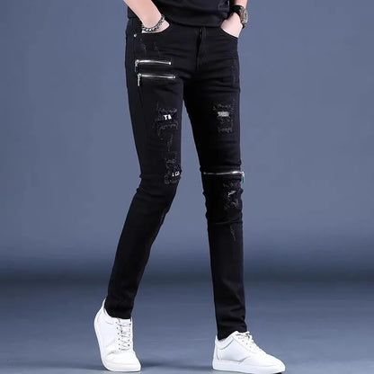 Spring Black Ripped Stretch Jeans