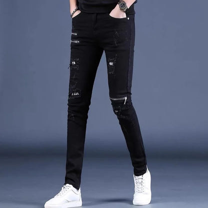 Spring Black Ripped Stretch Jeans